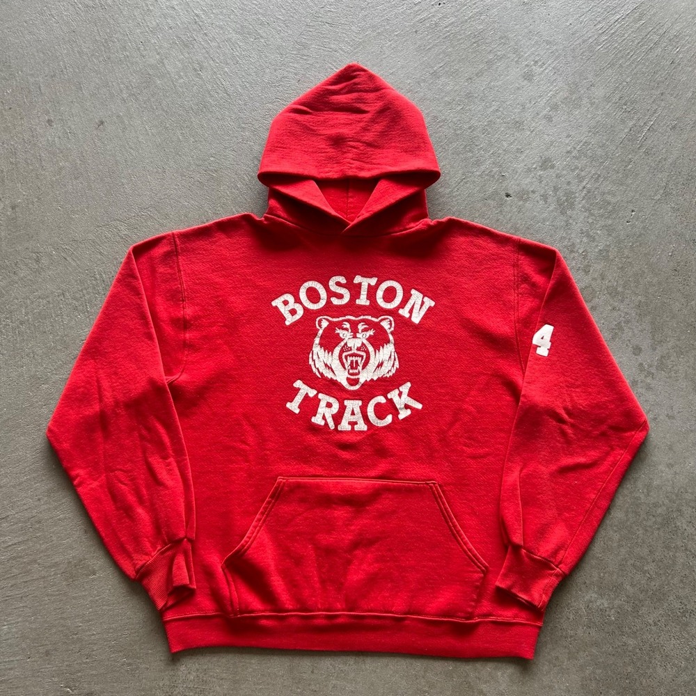 Vintage 80s Russell Athletic Boston Track Sweatshirt Size Large Red Hoodie USA